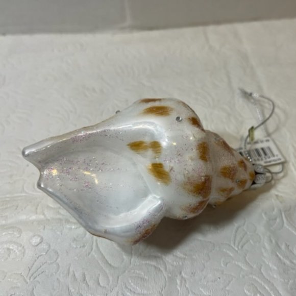Conch Shell Coastal Beach Christmas Glass Glitter Ornament Brown White 4"x2.5" - Picture 2 of 5